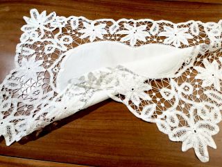 Vintage Hand Embroidered White Cotton Ribbon Lace Table Centre Cloth 27x16 Inch
