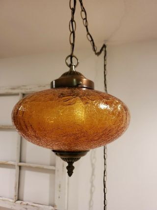 Vtg Amber Crackle Ufo Shaped Mcm Swag Lamp Hanging Light Mid Century Wiring