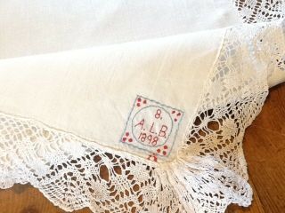 Antique White Linen And Lace Tablecloth Runner Buffet Dated 1898