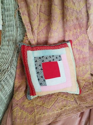 Antique Quilt Pillow Log Cabin Primitive Patchwork 1800s Fabrics Turkey Red Back