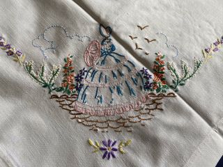 Vintage Crinoline Lady Hand Embroidered White Cotton Table Cloth