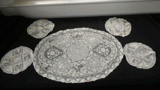 Antique French Normandy Patchwork Lace Oval Doily & 4 Round Coaster Doilies