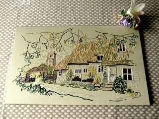 Vintage Hand Embroidered Picture Panel / Thatched Cottage And Village Setting