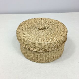 Vintage Sweet Grass Basket With Lid Tight Woven 6.  5 " Wicker Box Storage Boho Cou