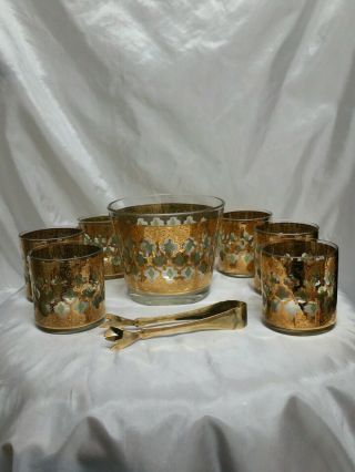 Vintage Culver Valencia Ice Bucket 6 Rock Glasses And Tongs Gold Green Mcm 22k