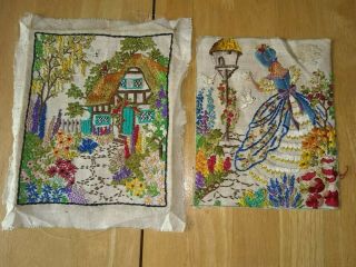 Vintage Hand Embroidered Needlework Pictures (2) Cottage Garden Crinoline Lady