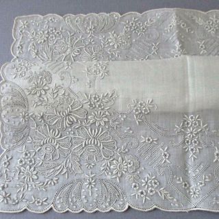 Vintage Linen Wedding Handkerchief Hand Embroidered Appenzell Whitework Bridal