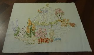 Vintage White Hand Embroidered Crinoline Lady Panel - Ideal To Frame