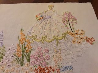 VINTAGE WHITE HAND EMBROIDERED CRINOLINE LADY PANEL - IDEAL TO FRAME 3