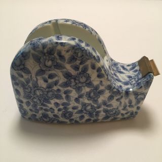 Vintage Andrea By Sadek Tape Dispenser.  Blue Floral Vine On White Ceramic