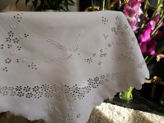 Antique Hand Embroidered Irish Linen Tablecloth White Work Birds