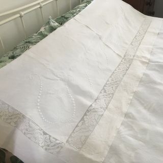 French Vintage White Fine Linen Embroidered Sheet