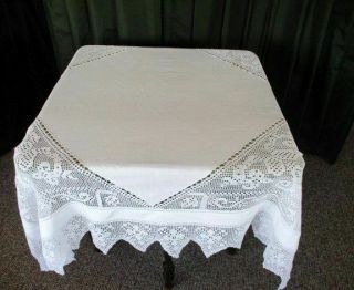 Antique Tablecloth Hand Crochet Edge & Corners 56 " Sq.  Irish Linen