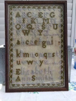 Fab Vintage Shabby Chic Abc Sampler Embroidered Tapestry In Frame