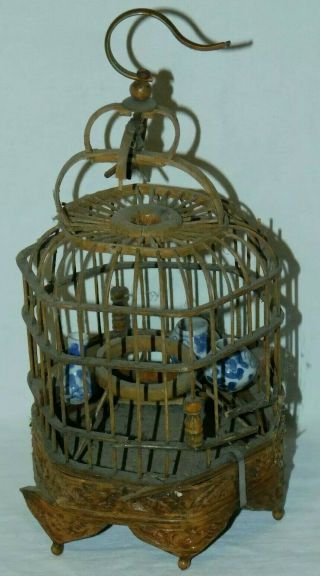 Vintage Little Bird Cage Wooden Asian Blue & White China Mini Vases 11 " Antique