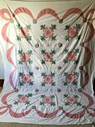 Vintage 1940s Floral Applique Quilt Top