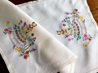 Vintage Hand Embroidered Natural Linen Crinoline Lady Table Centre Tray Cloth