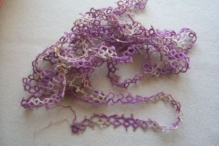 Vtg Antique Cotton Hand Tatted Lace Trim Variegated Lavender 3 Yards & 23 Inches