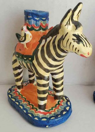 Vtg Mexico Folk Art Zebra Tree Of Life Hand Painted Candle Stick Holder Freeship