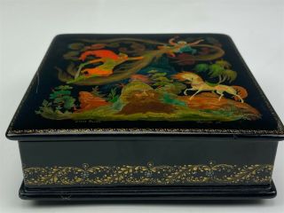 Vtg Russian Black Lacquered Painted Folk Lore Fairy Tale Trinket Jewelry Box Sms