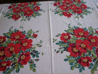 Vintage Wilendur Tablecloth Bright Red Wild Roses,  Large 12 Block Size.
