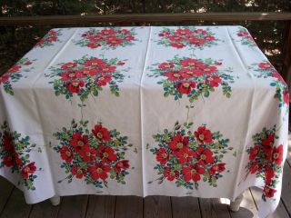 Vintage Wilendur Tablecloth Bright Red Wild Roses,  large 12 Block size. 2