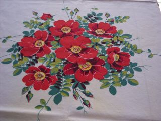Vintage Wilendur Tablecloth Bright Red Wild Roses,  large 12 Block size. 3