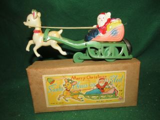 Vintage Tin & Celluloid Windup - " Santa Claus On Sled " W/box - 1950 