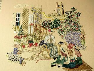 Vintage Hand Embroidered Picture Panel - Crinoline Lady & Children