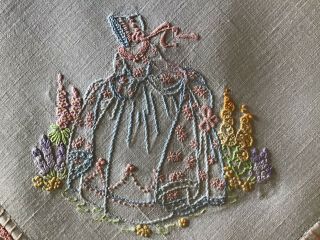 Pretty Vintage Linen Hand Embroidered Tablecloth Crinoline Lady Florals