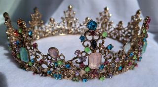 Full Crown Vintage Gold Tone Multicolored Crystals Full Head Crown