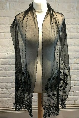 Antique Black Lace Heavily Embroidered Victorian Mourning Scarf