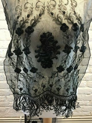 ANTIQUE BLACK LACE HEAVILY EMBROIDERED VICTORIAN MOURNING SCARF 3