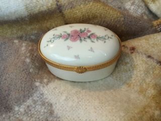 Lenox Ivory Porcelain Hinged Trinket/ring Box With Gold Trim & Pink Roses