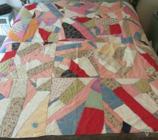 Vintage Hand Made Crazy Patchwork Quilt Full/double 76 " X 74 " Colorful