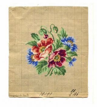 Antique Berlin Woolwork Hand Painted Chart Pattern Poppies & Cornflower