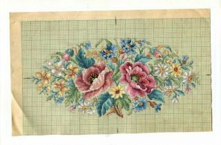 Antique Berlin Woolwork Hand Painted Chart Pattern Floral Oval