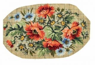 Antique Berlin Woolwork Hand Painted Chart Pattern Poppies & Daises Ova