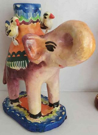 Vintage Mexico Folk Art Elephant Tree Of Life Hand Painted Candle Stick Holder