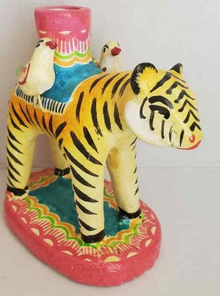 Vtg Mexico Folk Art Tiger Tree Of Life Hand Painted Candle Stick Holder Freeship
