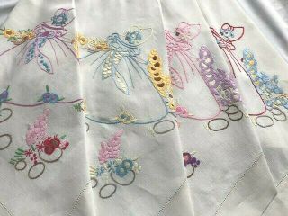 Exquiste,  Vintage Crinoline Lady Hand Embroidered Tablecloth W.  Raised Flowers