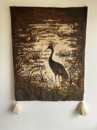 Vintage Woven Heron Stork Cloth Tapestry Wall Hanging