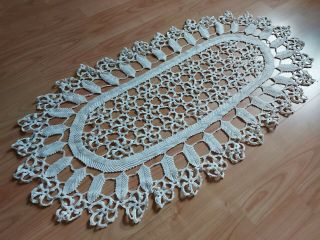 Vintage Handmade Oval Crochet Lace White Tablecloth Runner 38 " X20 "