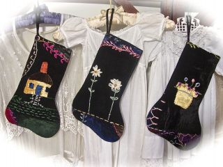 Stocking Trio From 1880 - 90s Crazy Quilt House With Roses Paved Walkway Flowers