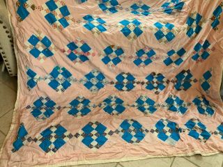 Vintage Handmade Quilt 9 Patch In Pink And Blue 78 By 88
