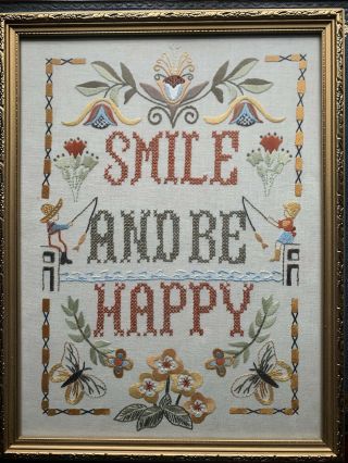 Vintage Needlework Cross Stitch Sampler Framed Smile And Be Happy