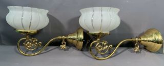 Pair (2) Vintage Art Nouveau Style Brass & Frosted Glass Old Floral Wall Sconces