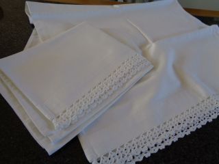 Good Pair Vintage Cotton Pillowcases With Hand Crochet Opening Edge