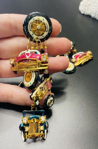 Vintage Lunch At The Ritz 89 “cars And More Cars Enameled Clip Earrings 4 3/8”