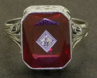 Antique 18k Wg 0.  04ct Diamond & Pink Gemstone Filigree Cocktail Ring Size 7